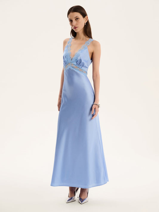 Aurelia Lace Trim Maxi Dress in Blue